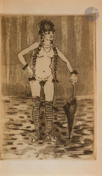 HUYSMANS (Joris Karl).
Marthe. Histoire d’une fille.
Bruxelles : Jean Gay, 1876. — In-12, 180 x 115 : (3 ff.), 143 pp., (1 f. blanc), couverture imprimée. Demi-toile bleue à la bradel, non rogné, couverture conservée (reliure vers 1880).

Édition originale du premier roman de l’auteur, d’inspiration naturaliste. Il conte l’histoire de Marthe, une jeune fille parisienne contrainte de se prostituer pour survivre. Huysmans, par crainte de la censure, fit éditer son texte à Bruxelles.
Dos passé, usures aux coiffes, coins émoussés. Rousseurs.
On joint deux autres éditions du même texte :
- Marthe. Histoire d’une fille. Deuxième édition. Paris : Derveaux, 1879. — In-18, 188 x 122 : frontispice, (3 ff.), 229 pp., (1 f. blanc), 35 pp., couverture imprimée. Cartonnage papier marbré à la bradel, non rogné, couverture conservée (reliure du temps).
Seconde édition et première édition imprimée en France, ornée d’une très belle « eau-forte impressionniste » de Jean-Louis Forain, première illustration de l’artiste pour un livre.
Exemplaire sur papier d’édition, en reliure légèrement postérieure, complet du catalogue de 35 pages à la fin. Légère usure aux coiffes et aux coins. Couverture abîmée et restaurée.
- Marthe. Histoire d’une fille. Septième édition. Paris : Derveaux, 1880. — In-18, 180 x 116 : frontispice, (3 ff.), 229 pp., couverture imprimée. Demi-basane bleue à coins, filets dorés, dos lisse orné, tête dorée, non rogné, couverture conservée (reliure de l’époque).
Nouvelle édition ornée d’une eau-forte originale de Jean-Louis Forain en frontispice. Cette gravure, représentant Marthe sur un trottoir, nue, avec des bas et des chaussures à talon, et tenant un parapluie, devait être le frontispice de la seconde édition de 1879, mais Huysmans, la jugeant indécente, la refusa.
Dos légèrement passé, frottements d’usage et épidermures au dos et sur les coupes, couverture brunie.
