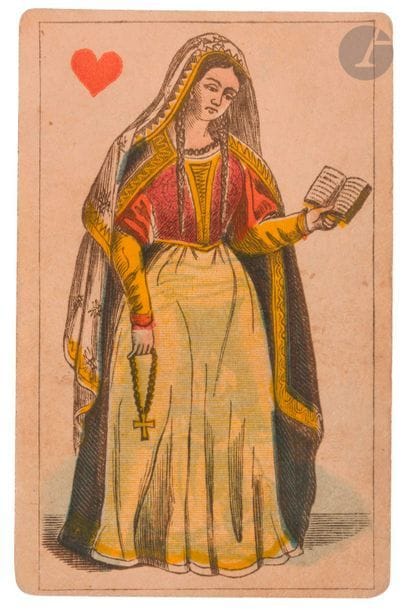 JEU DE CARTES PORNOGRAPHIQUE PAR TRANSPARENCE. 
S.l. [Allemagne ?], vers 1860. — 50 cartes sur 52, 86 x 55.

Jeu dit de « cartes transparentes. » Chaque carte révèle en effet par transparence une scène pornographique ou un nu masculin ou féminin. Le style des figures des cartes est proche de celui de Steinberger ; les personnages sont représentés en pied et coloriés au pochoir. Le verso est blanc.
Il manque le 10 et le 4 de carreaux.