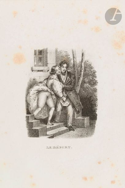 LA ROSÉE DE TOUTES LES SAISONS.
S.l., vers 1830-1840. — Album in-8 carré, 176 x 140 : 12 planches, couverture illustrée. Cartonnage papier marbré à la bradel, dos lisse, non rogné, premier plat de couverture conservé (reliure du XXe siècle).

Album de 13 lithographies libres non signées, dont une sur la couverture.
Elles portent les légendes suivantes : Ah ! Mauvais sujet. - Ciel ! J’en étais sûre. - Les Fiançailles. - La Première leçon. - Le Magnétisme. - L’Amour et le vin. - Goûter champêtre. - L’Introduction. - Le Départ. - Le Retour. - Ah ! que c’est bon. - La Laitière suisse.
Exemplaire dont toutes les planches ont été montées sur onglets. Les épreuves sont tirées sur papier vergé fort.
Nous n’avons trouvé aucune référence se rapportant à cette suite dans les bibliographies consultées.
Coiffes et coins abîmés. Rousseurs.