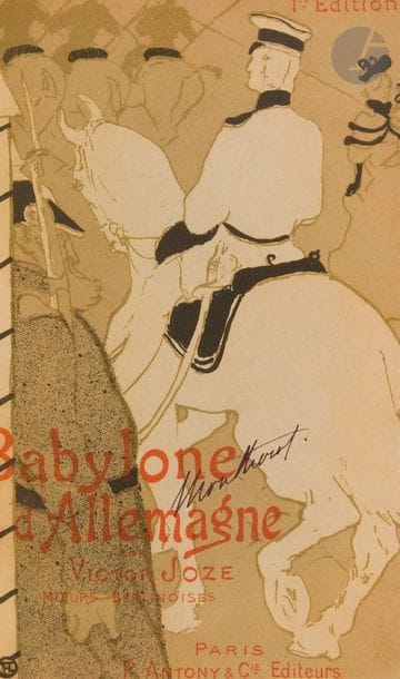 [TOULOUSE-LAUTREC (Henri de)] JOZE (Joze).
Babylone d’Allemagne. Types de Berlin.
Paris : P. Antony et Cie, 1894. — In-18, 174 x 112 : 205 pp., (3 ff. dernier blanc), couverture illustrée. Demi-basane brune, dos à nerfs orné, tranches mouchetées, couverture illustrée (reliure du temps).

Édition originale très rare dont il n’y a pas eu de tirages sur grands papiers. Elle comporte une très belle couverture illustrée par Henri de TOULOUSE-LAUTREC et 18 compositions en noir dans le texte, de Ferdinand BAC et Lubin de Beauvais.
Victor Joze propose dans cet ouvrage une peinture notamment des filles publiques allemandes ; il en donne cette image peu flatteuse dans sa préface : « La fille publique qui fréquente nos établissements de plaisir, pour y trouver son pain quotidien, garde toujours une certaine retenue. Elle est heureuse de pouvoir se faire passer pour une « danseuse » (…) La fille allemande se fiche pas mal du côté extérieur de son métier. Elle ne va pas s’amuser à vouloir poser pour une artiste. Elle est prostituée et pas autre chose. Plus (elle) est jolie et lancée, plus elle se fait payer, voilà tout. (…) À côté de ces héroïnes de Babylone d’Allemagne, à la démarche lourde, aux tétons avachis, la plus grossière fille de Paris apparaît comme une reine de joie ! »
Bon exemplaire avec simplement de petits frottements aux nerfs.