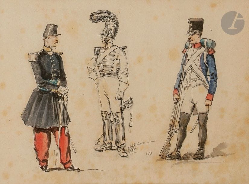 Édouard DETAILLE, attribué à 
Études de fantassins et de carabiniers d’époque Premier et Second Empire
Dessin à la plume et aquarelle, monogrammé « E.D. » 
21,5 x 16 cm
Encadré sous verre. 
B.E.