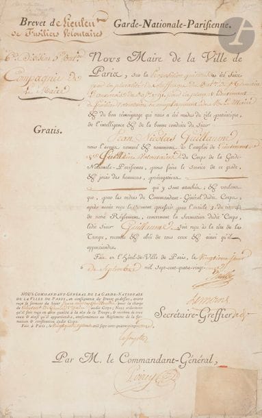 Brevet de Lieutenant des fusiliers volontaires de la Garde nationale parisienne. 
Sur papier, à en-tête « GARDE NATIONALE PARISIENNE » au nom de Jean Nicolas GUILLAUME, officier du Bataille de St Germain l’Auxerrois, nommé lieutenant de grenadier. 
Signé du Maire de la Ville de Paris BAILLY, et du commandant général de la Garde parisienne, LAFAYETTE et de son secrétaire, POIREY. 
Fait le 24 septembre 1791. 
Encadré sous-verre. 
40 x 25 cm 
A.B.E.