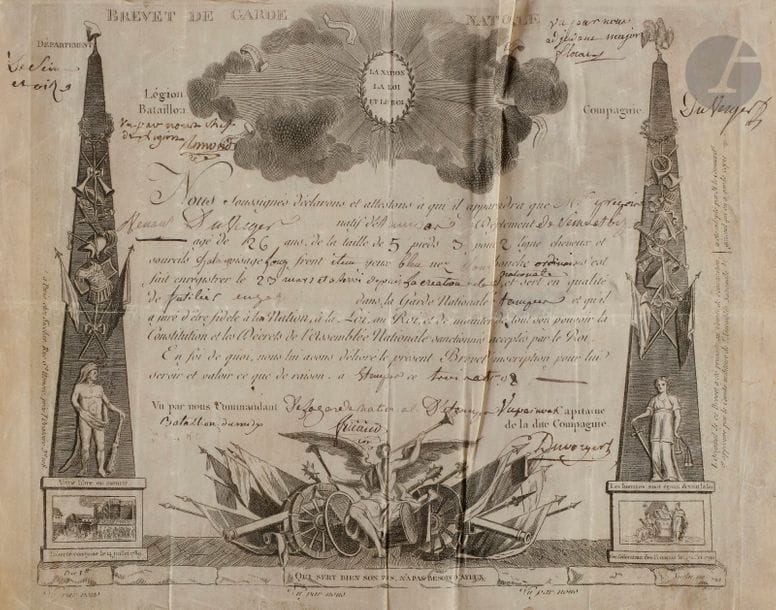 Brevet de fusilier de la garde nationale d’Étampes. 
Sur vélin, à encadrement gravé « QUI SERT BIEN SON PAYS N’A PAS BESOIN D’AYEUX », au nom de Monsieur Gregoire, fusilier engagé. 
Fait à Étampes le 3 août 1792. 
31 x 26 cm