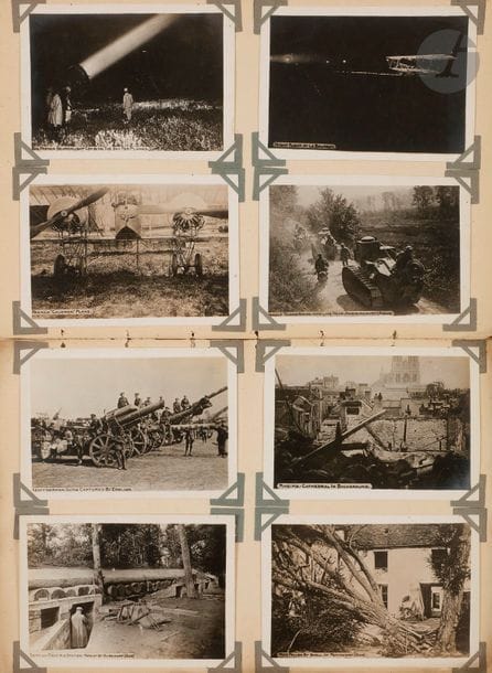 Album de 216 photographies comprenant, vues aériennes, installation de l’atelier militaire de Salonique, le maréchal Joffre dans les rues de Paris, vue de l’avion « le Mammouth » et de son pilote Jean Casale, pyramide du camp de Chalons détruite, nombreuses vues d’avions, de dirigeables survolant les lignes, avion allemand capturé, cimetière, course automobile, 
Une partie des photographies légendées au dos.
A.B.E. 1re G.M. et après-guerre.