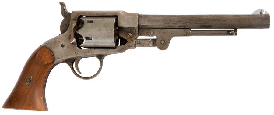Revolver Rogers & Spencer Army, six coups, calibre 44. 
Canon à pans de 19 cm. Carcasse fermée, frappé « ROGERS & SPENCER – UTICA N-Y »
Plaquettes de crosse en noyer clair avec cachet. 
Restes de bleuie. 
B.E. Reproduction pour le tir. 
N°2703.