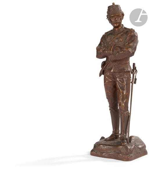 Charles ANFRIE (1833-1905)
Salon des Beaux-Arts, 1886.
Officier de chasseurs d’Afrique, IIIe République : « Quand vous voudrez ».
Sujet en bronze en pied.
Hauteur : 26 cm
B.E.