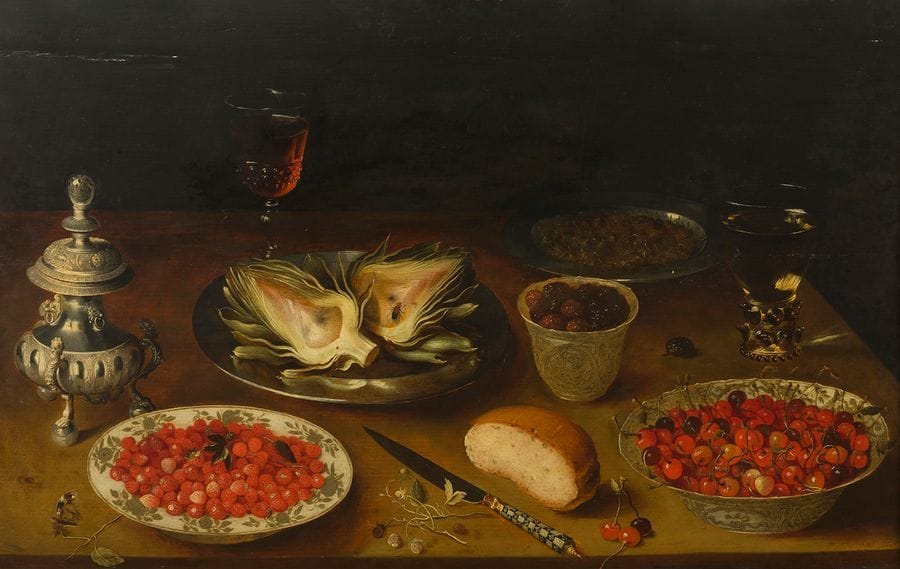 Osias BEERT Le Vieux et son atelier
(vers 1580 - 1624)
Plat d’artichauts, coupe de framboises, timbale de mûres et coupe de cerises 
Panneau de chêne, deux planches, renforcé
53,4 x 84,4 cm
Au revers du panneau, sur une étiquette : G.. Constance
Restaurations anciennes et soulèvements 
Dans un cadre en bois sculpté et doré, travail français d’époque Louis XIV

Provenance : 
Galerie Marcus jusqu’en janvier 1972 ; 
Acquis auprès de cette galerie par Jean Riechers en janvier 1972.

Toute la virtuosité d’Osias Beert s’exprime dans le rendu de matières différentes, mêlant nourritures quotidiennes et objets luxueux. Au centre de cette composition très ordonnée se trouve un artichaut coupé en deux, posé sur une assiette en étain, un motif récurrent dans sa peinture qu’on retrouve aussi dans l’un de ses tableaux du musée de Grenoble. De part et d’autre, sont disposés des porcelaines de Chine contenant des fruits rouges et plus loin, un plat de câpres, ainsi que deux verres de vin, tout en jeux de transparence. Le vin rouge et la demi-miche de pain sont associés à une symbolique eucharistique habituelle à cette époque. La salière tripode en argent et le couteau à damier se retrouvent dans l’un des quatre tableaux du musée de Grenoble, où la première sert de coquetier. Le sens de vanité est donné par la présence d’un papillon et d’une mouche rappelant l’aspect éphémère de la vie et que le luxe est un leurre.

On connaît d’autres versions de cette composition au Rijksmuseum d’Amsterdam (Inv. n° A2549), rognée en hauteur, et d’autres au musée de l’hôtel Sandelin à Saint-Omer, au Museum Schloss Wihelmshöhe à Kassel, dans une collection privée belge (E. Griendl. Les peintres Flamands de Nature Morte au XVIIe siècle, 1983, p.336, n°. 13 et 25), ayant figuré à la vente anonyme, New York, 30 janvier 1998 (Sotheby’s), n°220.

Nous remercions le professeur Fred Meijer d’avoir confirmé l’attribution de ce tableau d’après photographie n