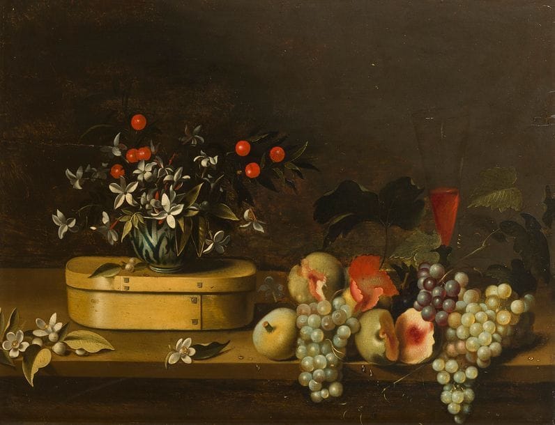 François HABERT 
(actif en France entre 1643 et 1652)
Fruits et fleurs coupées dans une coupe Wanli posée sur une boîte de copeaux 
Panneau de chêne, une planche, non parqueté
47,7 x 65,2 cm
Au revers du panneau, une étiquette de la Galerie Alfred Daber
Restaurations anciennes et petites fentes

Provenance : 
Galerie Georges Giroux, Bruxelles, septembre 1956 ;
Acquis auprès de cette galerie par Jean Riechers en 1956.

Exposition : 
Voici des fruits, des fleurs, des feuilles et des branches, mai - juin 1957, Bernheim Jeune, Paris (comme Jean-Michel Picart) d’après une étiquette au revers ;
Natures Mortes françaises, Galerie Alfred Daber, Paris, avril 1959, n° 6 (comme Jean-Michel Picart) d’après une étiquette au revers.

Bibliographie : 
Michel Faré, «Jean-Michel Picart (1600-1682), peintre de fleurs et marchand de tableaux», Bulletin de la société de l’histoire de l’art français, Paris, 1957, repr. entre les pp 98-99 (comme Jean-Michel Picart) ;
Michel Faré, Le grand siècle de la nature morte en France, Le XVIIe siècle, Paris, 1974, Office du Livre, reproduit p. 92 (comme Jean-Michel Picart).

Cette nature morte, autrefois attribuée à Jean-Michel Picart par Michel Faré, peut aujourd’hui être rendue à François Habert par comparaison avec des œuvres signées de l’artiste, notamment Fleurs dans un bol et papillon (collection privée). Peu de choses sont connues avec certitude sur la vie de ce peintre de fleurs et de fruits. Probablement d’origine flamande, il a probablement fait son apprentissage dans l’atelier anversois de Jan Davidsz de Heem avant de s’installer à Paris où on le sait actif autour des années 1643-1652. Il fut probablement collaborateur de Picart qui, dans sa correspondance avec Matthjis Musson, mentionne ses affaires avec « Monsieur Habert » et, par conséquent, potentiellement marchand de tableaux. 
Ses œuvres dévoilent une évolution stylistique sensible et une grande variété iconographique.