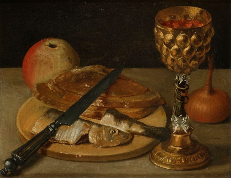 Georg FLEGEL
(Olmütz 1566- Francfort 1638)
Nature morte au hareng et pokal 
Panneau de chêne, une planche, non parqueté
21,6 x 27,5 cm
Sur la lame du couteau, un R couronné 
Restaurations anciennes et petits manques 

Provenance : 
Galerie Heim, août 1961 ;
Acquis auprès de cette galerie par Jean Riechers en 1961.

Fils d’un fabricant de chaussures, Georg Flegel naît en Moravie en 1566 et grandit dans une famille protestante. Il s’installe à Vienne dans les années 1580 où il intègre l’atelier de Lucas Van Valckenborch. Vers 1593, Flegel et son maître partent pour Francfort où ils rejoignent l’atelier du peintre Martin Van Valckenborch, frère de Lucas. De 1593 à 1597, les trois hommes travaillent en collaboration à la réalisation de plusieurs tableaux dans lesquels Flegel réalise les fruits, les fleurs et tout autre élément apparenté à l’art de la nature morte. Il s’inspira des maîtres flamands d’Anvers et de Haarlem pour élaborer son style, empreint d’un grand réalisme et d’une forme d’austérité, et diffuse ce type de composition en Allemagne. A la mort de son maître, Flegel obtient la citoyenneté de la ville de Francfort. 
Dans ce tableau, la composition est simple, organisée en lignes géométriques. Flegel représente un hareng mariné accompagné de quelques tranches de pain, une pomme, un oignon, un couteau et un joli pokal très délicatement dessiné. Calme et organisation règnent au sein de cette oeuvre qui n’est pas sans rappeler le calme et la poésie des « vies silencieuses» d’un Lubin Baugin.

