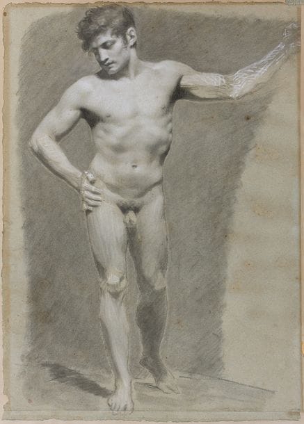 Pierre-Paul PRUD’HON
(Cluny 1758 - 1823 Paris)
Académie d’homme debout, la main droite sur la hanche
Pierre noire, estompe et rehauts de craie blanche sur papier bleu
60,5 x 43 cm à vue
Doublé, bords irréguliers, quelques rousseurs, légèrement insolé. Une bande de 1 cm ajoutée par l’artiste dans le bas.

Provenance:
Ancienne collection de Boisfremont, cachet en bas à gauche (L.353)
Ancienne collection de Madame Marbeau

Exposition:
Prud’hon, Paris, musée du Petit Palais, mai-juin 1922, n°243
Prud’hon, Paris, musée Jacquemart-André, 1958, n°215

Bibliographie :
Jean Guiffrey, L’œuvre de P.-P. Prud’hon, Paris, Librairie Armand Colin, 1924, n°1204, p.450

 Jusqu’à la fin de sa vie, Prud’hon s’exerça à l’art subtil de l’académie, genre qu’il porta au plus haut sommet dans l’art français. Prud’hon s’y adonnait aussi bien pour préparer des figures dans ses tableaux que par plaisir de l’exercice, comme le rapporte Delacroix selon le témoignage de Auguste-Joseph Carrier (voir Sylvain Laveissière, Prud’hon ou le rêve du bonheur, Paris, 1997-1998, p.256).
La tête du modèle, aussi travaillée qu’un portrait, ressemble au modèle Julien que l’on retrouve sur plusieurs académies (opus cité supra, n°196 et 196a, reproduits).
D’un point de vue technique, on remarque que le contour du corps est entouré d’un fin halo clair, ce qui laisse penser qu’il travaillait peut-être d’abord la silhouette par un fond clair. Cette délimitation contrastée fait vibrer la tension corporelle.
Dans cette académie, Prud’hon s’est attaché plus spécifiquement à l’étude du buste et du visage de l’homme, le bras droit et les jambes étant indiqués plus sommairement et soulignés avec de longs linéaments de blanc.