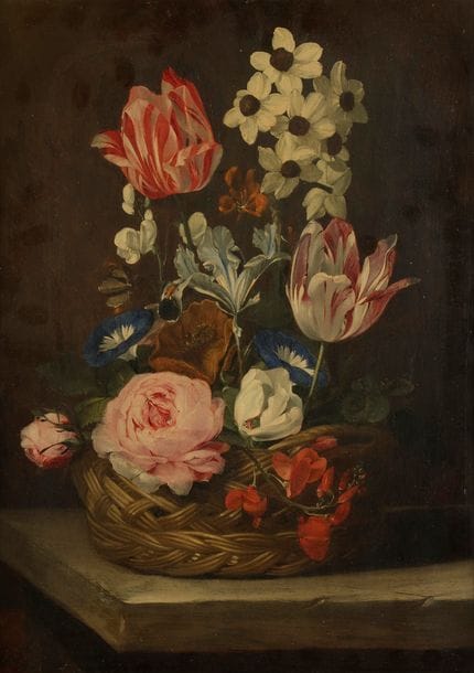 Jan Van den HECKE I
(Quaremont, Flandre Orientale -1620 - Anvers 1684)
Panier de fleurs sur un entablement de pierre
Panneau de chêne, une planche, non parqueté
38,5 x 27 cm
Petites restaurations anciennes

Provenance : 
Galerie Pardo, en 1953 ;
Acquis auprès de cette galerie par Jean Riechers en 1953.

D’abord élève d’Abraham Hack vers 1637, il intégre la Guilde anversoise de Saint-Luc en 1642 avant d’entreprendre un long voyage à Rome dont il ne revient pas avant 1659. Le style de ses natures mortes est influencé par Jan Davidsz. de Heem et Daniel Seghers. 

Nous remercions le professeur Fred Meijer d’avoir confirmé l’attribution de ce tableau d’après photographie numérique, le 15 mai 2019.

