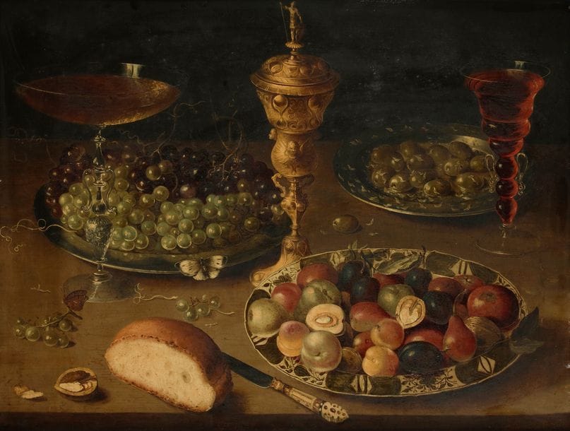 Osias BEERT Le Vieux et son atelier 
(Anvers (?), vers 1580 - 1624)
Nature morte au hanap, plat de raisins, coupe de fruits, olives, pain et verre de vin?Cuivre
49 x 65 cm
Au dos, la marque de l’étainier Peter Stas, la main d’Anvers et la date de 1608
Restaurations anciennes

Provenance : 
Collection privée, Lord Weymouth, Norton Hall ;
Vente anonyme à Bruxelles, Palais des Beaux-Arts, 5 novembre 1952, n° 144 (Osias Beert) ;
Acquis dans cette vente par Jean Riechers.

Sur une table sont présentés en quinconce une assiette en porcelaine avec divers fruits, un plat en étain contenant des grappes de raisin et en arrière-plan à droite une assiette d’olives vertes. Un couteau au manche décoré dépasse du bord, près de lui, une noix et une demi-miche de pain sont à portée de main. Au centre de la composition trône un hanap en vermeil aux reflets chatoyants, de part et d’autre, deux verres de vin complètent l’ensemble. Il s’agit bien entendu de symboles eucharistiques liés à la communion par le pain et le vin (raisins) rappelant la passion du Christ. Les deux papillons sont le symbole de la Résurrection.
L’organisation et certains éléments peuvent être rapprochés des natures mortes de Osias Beert que possède le musée de Grenoble. Notre artiste était oublié jusqu’à ce que Curt Benedict le réhabilite dans son étude monographique publiée en 1938.

Nous remercions le professeur Fred Meijer d’avoir confirmé l’attribution de ce tableau d’après photographie numérique, le 19 avril 2019.

