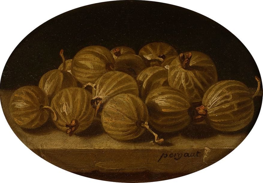 Dominique PERGAUT 
(Vasqueville - Meurthe- 1726 - Luneville 1808)
Groseilles à maquereaux 
Pommes et raisins
Paire de panneaux de chêne, une planche, non parquetés
Groseilles : 9 x 11,5 cm
Pommes : 8,5 x 12 cm
Les deux, signés en bas à droite : Pergaut

Bibliographie : 
Michel et Fabrice Faré, La vie silencieuse en France, La nature morte au XVIIIe siècle, Paris, Office du Livre, 1976, p. 336, n° 545 et 546, repr.

Né dans une famille pauvre, élève de Girardet à Nancy, Dominique Pergaut fut nommé peintre du duc de Lorraine, Stanislas Lesczcynsky, à son retour de Rome. Bien qu’il ait peint dans d’autres genres, il est aujourd’hui essentiellement apprécié pour ses natures mortes. La simplicité de leur mise en page, leur composition rustique et presque naïve s’allient à ses qualités de coloriste raffiné.
