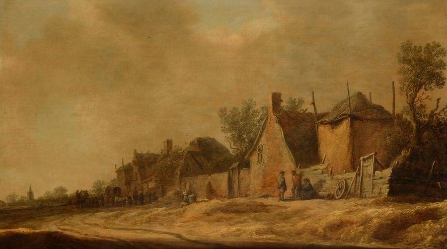 Attribué à Jan Van GOYEN 
(1596-1656)
Paysan au bord d’un chemin de village
Panneau de chêne, une planche, non parqueté 
38 x 64 cm
Porte un monogramme et une date à droite : GV 1641 (?)
Au revers du panneau, plusieurs cachets de cire rouge
Restaurations anciennes

Provenance : 
Vente anonyme à Paris, Galerie Charpentier, 12 juin 1956 (Me Ader), n°167, repr. planche XXXVI (comme Jan Van Goyen, monogrammé à droite et daté de 16..) ;
Acquis dans cette vente par Jean Riechers.

Proche du la période de jeunesse de Van Goyen, dans les années 1630, ce panneau a été refusé par Hans-Ulrich Beck, spécialiste du peintre par courrier au propriétaire en février 1971. Il ne l’a pas inclus dans son catalogue raisonné.

