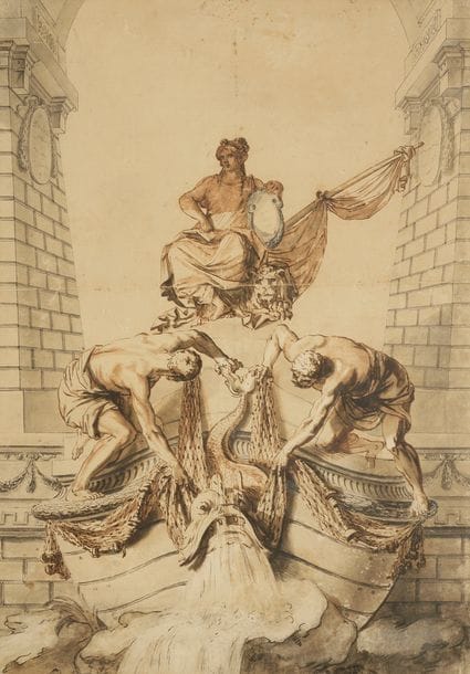 École française du XVIIIe siècle
Allégorie de la pêche
Plume et encre brune et noire, lavis gris et lavis brun sur traits de crayon noir 
51,9 x 35,8 cm
Pliure centrale horizontale, insolé, petites taches et petits trous d’aiguille
