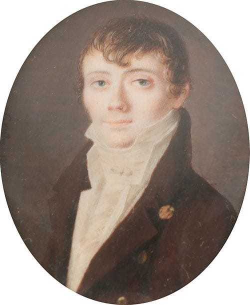 Jean-Baptiste GENTY

(Andonville, Loiret, 1767 - après 1826)

Tenu pour l'un de meilleurs élèves de Jacques Louis David, Genty fit carrière comme peintre, dessinateur et peintre en miniature et exposa trois fois au Salon, en 1799, 1801 et 1808. Il est représenté notamment au musée des Arts Décoratifs, de Paris, au musée des Beaux-Arts de Caen, au Nationalmuseum à Stockholm.

Jeune homme en redingote brune à gros boutons dorés, coiffé de mèches châtain clair sur le front

Miniature sur ivoire époque Empire, signée et datée à gauche : " Genty 1804 ", ovale 5,2 x 4 cm, cerclée de métal doré à décor mouluré, avec anneau de suspension.

Poids total : 16,55 g

Bon état



Historique : 

Vente Bonhams, Londres 11 septembre 2007, n° 161 ; coll. part. ; vente Coutau-Bégarie, hôtel Drouot, 27 mai 2016, n° 89 repr. ; coll. part.



Bibliographie : 

Miniature reproduite in Lemoine-Bouchard, Les peintres en miniature actifs en France, 2008, p. 254, fig. a.