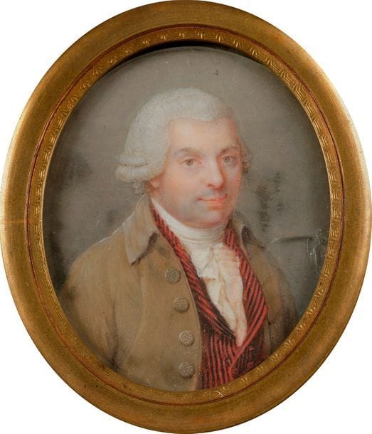 École française du XVIIIe siècle

Portrait de " Monsieur Delfaise " [Delfraise ?] de Châlons 

Miniature sur ivoire de la fin du XVIIIe siècle, époque Louis XVI

Identifié au verso : " Monsieur / Delfaise / [c]halon sur M[arne] " (sic).

Le patronyme Delfaise est inconnu et peut-être s'agit-il de Joseph Louis Delfraise (1732-1828) ingénieur qui fut de 1799 à 1813 maire de Châlons sur Marne (actuel Châlons-en-Champagne) où une rue porte son nom. 

5,8 x 4,5 cm (taches ; verre fendu)