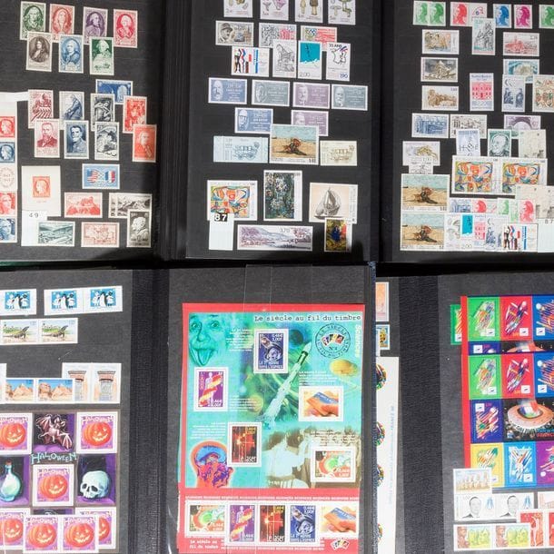 6 albums de timbres de France, anciens francs et modernes jusqu'aux euros.

Un album d'euros complète le tout, principalement neuf