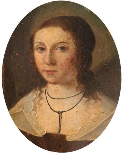 Jeune femme en robe noire et guimpe blanche, les cheveux coiffés en chignon arrière et mèches torsadées sur les épaules, à la mode vers 1650

Huile sur cuivre, XVIIe siècle, ovale 6,6 x 5,2 cm, sous verre bombé dans un cadre en bois vernis du XIXe siècle à visière de laiton doré rect. 12,5 x 10,2 cm (assez bon état sauf très petits manques dans les fonds; vernis gratté en bas du cadre)