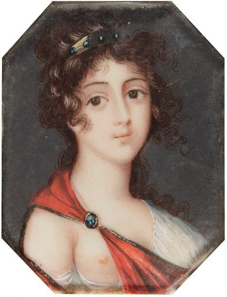 Erotica

Jeune femme vêtue à l'Antique, en buste vers la droite, sa toge rouge déplacée vers l'avant pour dévoiler un sein nu

Miniature du XIXe siècle, octogonale, à vue 5,3 x 4 cm, cerclage de laiton doré 6 x 4,8 cm ; poids total : 14,2 g