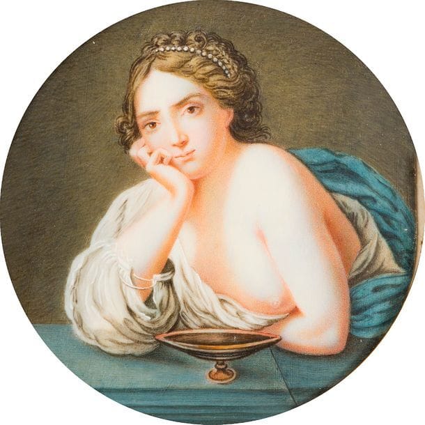 École française de la fin du XIXe siècle, 

Femme au sein nu, accoudée près d'une coupe

Au revers du montage, manuscrit au stylo : " peint par Alphonse DUVERGER "

Miniature sur ivoire, diam. 8,5 cm, cadre en bois bruni à visière de laiton doré 15 x 15 cm

Poids total : 85 g. (une fente d'1,2 cm restaurée en bas à droite)

On y joint trois miniatures sur ivoire du début du XXe siècle encadrées, dont deux érotiques : La Main chaude, ovale 5,4 x 7,4 cm, poids total 105 g, Couple dans une chambre, diam 5,4 cm, poids total 105 g, et une Femme en buste de profil à gauche à la mode du XVIIIe siècle, coiffée de plumes et d'un voile, annotée en bas à droite Lavreince, diam. 5,1 cm, poids total 70 g