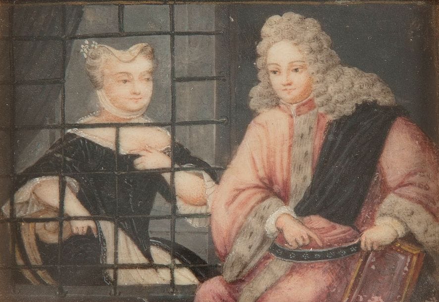 École française vers 1750

Au Parloir du couvent : Jeune homme à longue perruque et manteau rose bordé d'hermine venant s'entretenir avec une jeune femme 

Miniature sur ivoire rect. 5,4 x 7,5 cm ; cadre postérieur en métal doré à décor de frise et de feuillages rect. 7 x 7,8 cm ; au revers ancienne étiquette de collection : n° 296 / CCU

Poids total : 62,4 g

(petites écaillures en bas à droite)