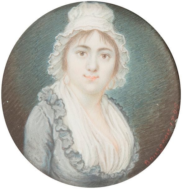 BOURGEOIS (actif en 1790-1802).

Peintre en miniature dont les portraits sont rares et caractérisés par une recherche de vérité et d'expression. Il est représenté au musée de la Révolution française à Vizille.

Jeune femme coiffée d'une charlotte blanche, créoles aux oreilles, en robe grise au décolleté bordé d'un volant et d'une guimpe blanche, à mi-corps vers la droite, le visage de face

Miniature sur ivoire, signée et datée en bas à droite en rouge : Bourgeois 1795

Diam à vue 5,5 cm, cadre en or avec initiales AL au dos sur fond de tissus bleu, diam. : 6,2 cm, poids brut : 24 g. (cadre gondolé)