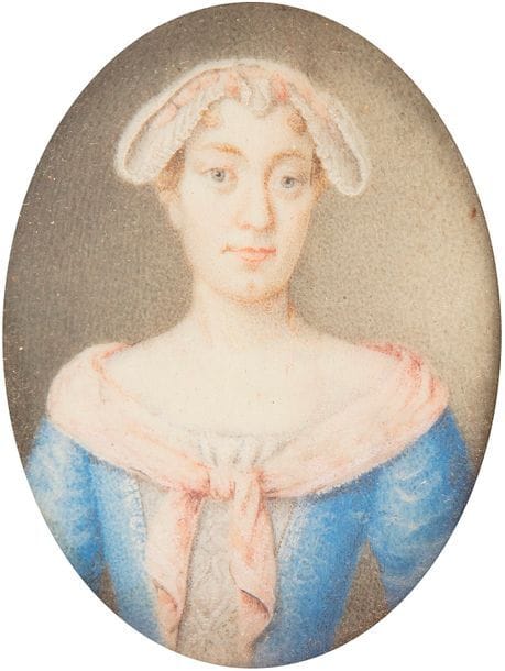 École continentale du milieu du XVIIIe siècle

Femme à mi-corps de face, une coiffe de dentelle régionale aplatie sur la tête, en robe bleue et foulard rose

Miniature sur ivoire ovale, 5,2 x 4 cm

Écrin ovale en carton bouilli recouvert de cuir noir (manque la charnière), 6,2 x 5,1 cm, poids total : 31,65 g

(légèrement insolée).