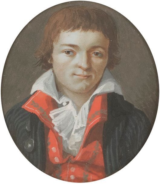 École continentale de la fin du XVIIIe siècle

Jeune homme de face, gilet rouge brodé, chemise ouverte, manteau gris rayé de noir

Miniature sur ivoire ovale, à vue 5,5 x 4,6 cm, sur une broche en or orné au dos d'un chiffre ajouré sur fond noir formant les lettres CSM (?) (monté à l'envers) (bon état sauf petits manques de gouache au bord du cadre en haut à gauche)

Poids brut : 29 g