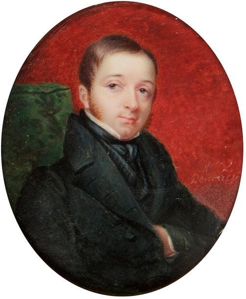 Mademoiselle Antoinette-Louise DEMARCY (Paris, 1788 - Nice, 1859)

Peintre en miniature dont les premières œuvres connues remontent à 1817 et qui exposa à Paris au Salon de 1824 à 1841. Elle signa un portrait de Paganini dès 1823 et eut dans sa clientèle des musiciens et acteurs. Des œuvres d'elles sont conservées au musée des Beaux-arts d'Orléans et du musée Antoine Lécuyer à St-Quentin. 

Portrait dit de Monsieur Champain, jeune homme assis de trois-quarts vers la droite, en costume anthracite, la main gauche glissée dans son gilet, dans un fauteuil de velours vert, sur fond de tenture damassée rouge.

Miniature sur ivoire, signée à droite : Mlle L. Demarcy, ovale, 7,8 x 6,5 cm

Cerclage de laiton doré, ovale 8,9 x 7,6 cm

Poids total : 44,6 g



Provenance : 

Vente Binoche et Giquello, Drouot, 19 juin 2013, n° 6 " portrait de M. Champain. Bibl. : pendant du portrait de Mme Champain, Salon de 1836, n° 525 ".

Aucune identification manuscrite n'est visible au revers et nous reprenons avec prudence celle donnée en 2013. L'on sait que Mlle Demarcy livra en 1834 deux miniatures plus petites, les portraits en pendants de Mlle Champain et de sa mère, 4,5 x 3,6 cm et 4,9 x 3,9 cm (Reims, Dapsens auctions, 18 décembre 2011, n° 134 repr.) ; un portrait de Mme Champain fut exposé au Salon de 1836.