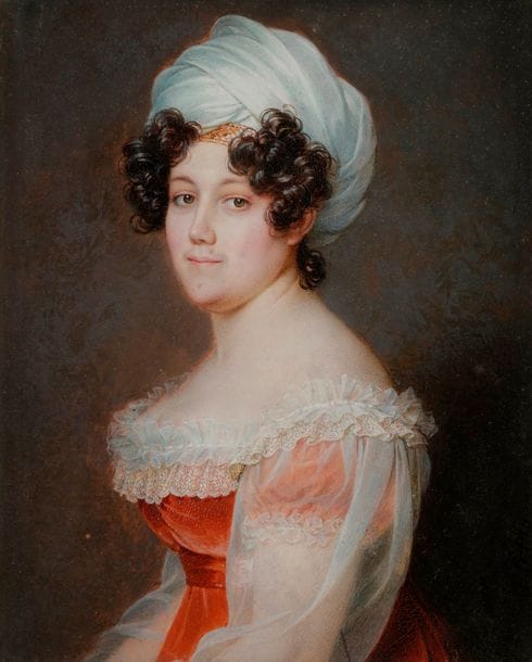 Jean-Urbain GUERIN

(Strasbourg, 1761 - Obernai, 1836).

Guérin, l'un des principaux peintres en miniature de son temps, exposa régulièrement au Salon de 1798 à 1827. 

Portrait de femme en robe saumon à manches ballon couvertes de mousseline transparente, coiffée d'un turban, à mi-corps de trois-quarts à gauche

Importante miniature à la gouache et aquarelle sur vélin 

A vue 21 x 18,1 cm

Signée et daté en bas à droite : " J. Guerin / 1825 "

(bon état sauf légère oxydation et fines craquelures de la gouache sur la robe ; mini goutte claire sur le fond en bas à gauche).

Cadre en bois et stuc doré, rect. 37 x 34,3 cm (accidents et manques au cadre)