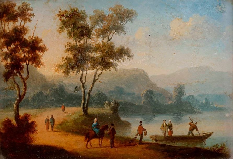 Paire de paysages montagneux animés de promeneurs en bord de lac 

Deux fixés sous verre (huile sur taffetas contrecollé sous verre), l'un démonté et placé sous un verre de protection, XIXe siècle.

Cadres en métal doré avec anneau de suspension, rect. 6,9 x 9,6 cm

(petits décollements sur l'un, craquelures sur l'autre ; très léger enfoncement au bord d'un cadre)