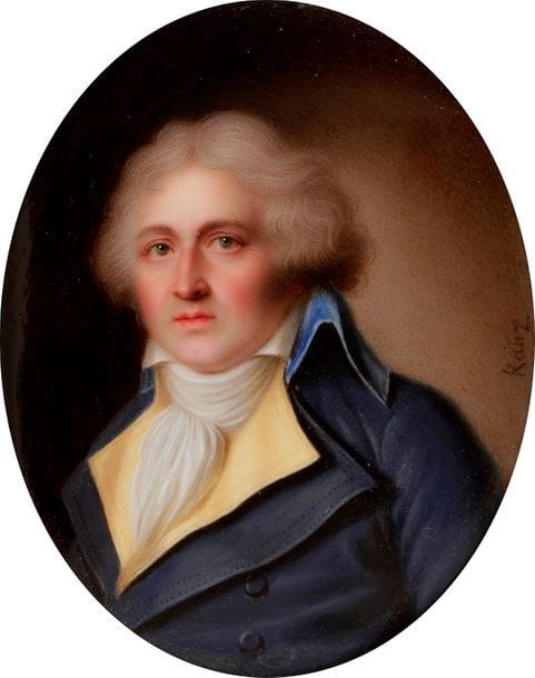 KANZ Carl-Christian

(Plauen, Saxe, 1758 - après 1818)

Élève de Hesse, de Kimly et de l'Académie royale à Paris, Kanz exposa au Salon de la Correspondance en 1780 et au Salon de 1808. Fort réputé semble-t-il de son temps, Kanz eut deux de ses portraits acquis par l'Empereur Alexandre Ier de Russie ; les grandes collections David-Weill, Artus et prince de la Moskova comportaient des émaux de sa main de même que la Gilbert collection visible au Victoria & Albert Museum à Londres (inv. 253-2008).

Portrait d'homme en buste de trois quarts à gauche en costume bleu et gilet jaune à grands revers, cheveux poudrés, sur fond marron

Miniature peinte à l'émail sur cuivre, signée à droite : " Kanz "

Époque Directoire, vers 1796 d'après la mode vestimentaire, à vue ovale 7,2 x 5,7 cm

Cadre rectangulaire en bois noirci et visière de laiton doré, 13,7 x 10,8 cm

Très bon état