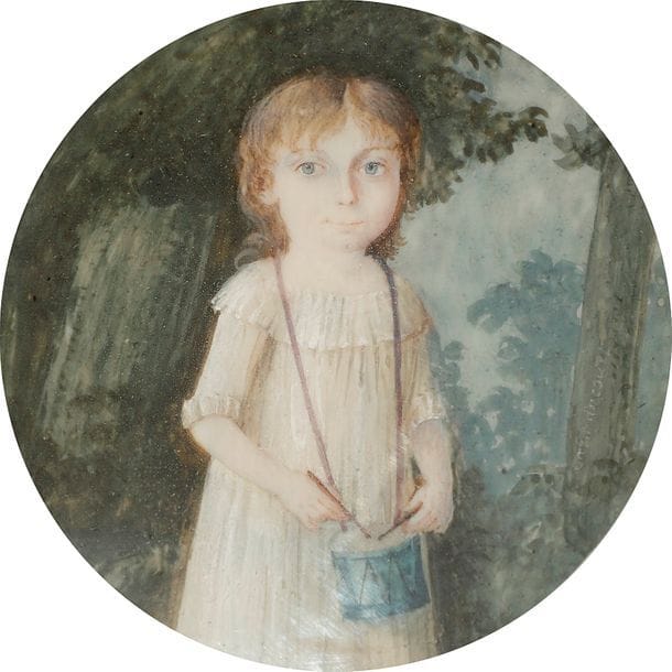 Jean-Augustin Massavy marquis d'ARMANCOURT

(Paris, 1735 ou 1736 - après 1795).

Reçu membre de l'Académie de Saint Luc à Paris, le 5 juin 1761 par chef d'œuvre, il exposa au Salon de 1795. Entre 1773 et 1779, il était Maître du Souverain Chapitre à l'Orient de Paris ; ensuite Vénérable Maître de la loge Saint-Jacques de la Paix Immortelle. On lui doit un portrait de Benjamin Franklin en 1778. Ses œuvres signées sont très rares. Il est représenté au Nationalmuseum à Stockholm.

Enfant jouant du tambour, en robe blanche à col à la reine, à mi-corps sur fond arboré

Miniature sur ivoire de la fin du XVIIIe siècle, signée à droite sur le tronc d'arbre : " armancourt ", à vue diam. 5,8 cm

Sous passe-partout dans un cadre en bois noirci (piqué) à visière de laiton doré du XIXe siècle, rect. 13 x 12,7 cm. Poids total : 105 g