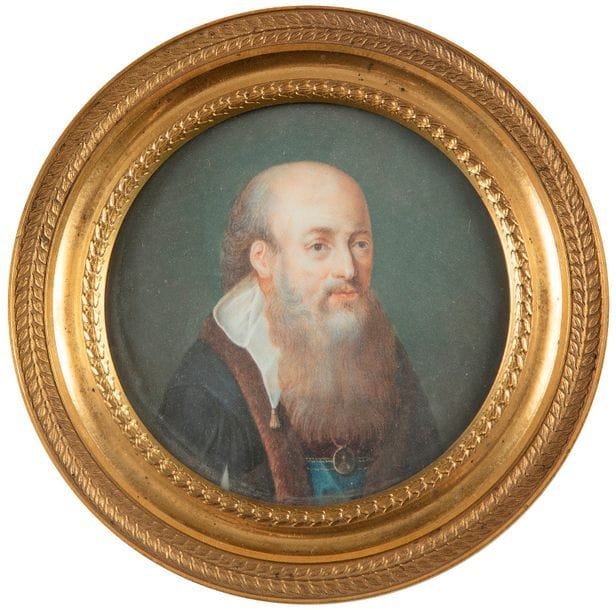 Portrait d'homme barbu, à la mode du XVIe siècle, en manteau de velours bordé de fourrure, ceinture bleue et médaillon suspendu à une chaîne, en buste vers la droite

Miniature sur ivoire du XIXe siècle, diam à vue 7,4 cm

Beau cadre en bronze doré, avec bélière, diam. 11,1 cm

Poids total : 310 g