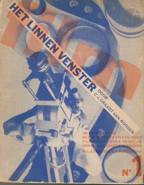 ZWART, PIET (1885-1977)
10 volumes.
Monografieën over Filmkunst (Monographs on Art Films).
C.J. Graadt van Roggen, Rotterdam : W. & J. Brusse’s Uitgeversmaatschappij, 1931-1933.
In-8 (22 x 17,5 cm). Éditions originales brochées, avec jaquettes conçues et illustrées par Piet Zwart. Importante revue tant pour les couvertures du graphiste néerlandais Piet Zwart (1885-1977) que par le contenu cinématographique. Numéros consacrés au cinéma russe, français, américain, néerlandais, etc. 
1) C.J. Graadt van Roggen, Het Linnen Venster (The Linen Window), 1931.
2) J.L.J. Jordaan, Dertig Jaar Film (Thirty Years Film), 1932.
3) Henrik Scholte, Nederlandsche Filmkunst (Dutch Cinema), 1933.
4) Th.B.F. Hoyer, Russische Filmkunst (Russian Cinema), 1932.
5) Simon Koster, Duitse Filmkunst (Coastal German Cinema), 1931.
6) Elisabeth de Roose, Fransche Filmkunst (French Cinema), 1931.
7) J.F. Otten, Amerikaansche Filmkunst (American Cinema), 1931.
8) Menno ter Braak, De Absolute Film (The Absolute Film), 1931.
9) Constant van Wessem, De Komische Film (The Comedy Film), 1931.
10) Lou Lichtveld, De Geluidsfilm (The Sound Film), 1933.
