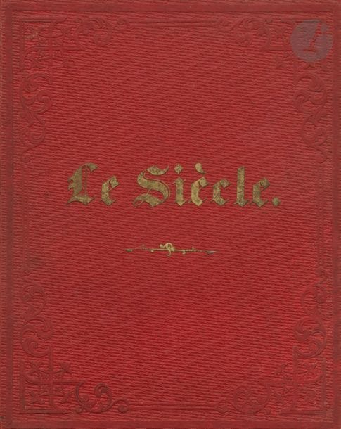 BÉROT, JEAN-MARIE
Le Siècle photographié par J. Bérot peintre.
Photographie de la Presse artistique, Paris, s.d. (vers 1866). 
In-4 (26 x 21 cm). Édition originale. Reliure de l’éditeur en percaline rouge, encadrement de filets à froid sur les plats, titre sur le premier plat et adresse sur le second avec lettres dorées, dos lisse, tranches dorées. Album photographique présentant l’équipe des rédacteurs du journal 
Le Siècle. Il comprend un titre lithographié et 
31 portraits photographiques sur papier albuminé de format carte de visite (95 x 65 mm environ) montés sur bristol et montés sur onglets avec légendes imprimées sur le montage. Fondé en 1836 par Armand Dutacq, Le Siècle, quotidien politique de tendance libérale et anticléricale, fut d’abord monarchiste constitutionnel avant de devenir républicain en 1848 et de passer à l’opposition sous le Second Empire. Lors de la publication de cette galerie, il jouissait d’une grande popularité. Le premier portrait représente Havin, mort en 1868, directeur de la publication, suivi des différents collaborateurs : Louis Jourdan, Taxile Delord, 
E. de La Bedollière, Edmond Texier, Henri Martin, Victor Borie (ami de George Sand), Auguste Luchet, Hippolyte Lucas, Gustave Chadeuil, Henri Augu, Eugène d’Auriac, Alfred Michiels et divers.