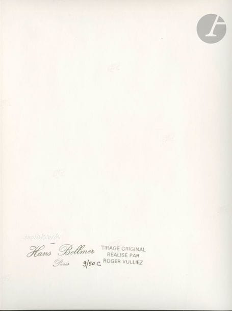 BELLMER, HANS (1902-1975)
4 volumes et 3 photographies.
Hans Bellmer photographe. 
Filipacchi - Centre Pompidou, Paris, 1983.
In-4 (30,5 x 21 cm). Édition originale. Catalogue de l’exposition au Centre Pompidou du 21 décembre 1983 au 27 février 1984. 152 pp. Cartonnage d’éditeur avec jaquette illustrée. Un des 200 ex. de luxe avec une épreuve argentique de Hans Bellmer, tirée par Roger Vulliez, numérotée à 50 ex., avec le timbre à sec du photographe (24 x 18 cm avec les marges). 4 images différentes, tirées à 50 exemplaires étaient proposées avec cet ouvrage. On joint deux autres tirages argentiques tirés par Roger Vulliez, numérotés à 50 ex., avec le timbre à sec du photographe.
Hans Bellmer.
Obliques. Numéro spécial. 
In-4 (27 x 21 cm). Édition originale, brochée. 296 pp. Couverture souple illustrée.
Bellmer. Le principe de perversion.
Jean-Pierre Faur éditeur, 1999.
In-4 (26 x 21 cm). Édition originale. Texte de Pierre Dourthe. 304 pp. Couverture souple illustrée.
Messages 1939.
Première Année. Deuxième Cahier. Tome 1.
Collection « Les Presses du Hibou ».
Chez Jean Flory Editeur, 1939.
In-4 (27,5 x 18,5 cm). Édition originale, brochée, comprenant un encart sur papier vert « Hans Bellmer-Jeux vagues-La Poupée ». Cahier de 8 pp. sur papier couché vert-pâle présentant 14 poèmes de Paul éluard et 2 photographies en noir et blanc de Hans Bellmer. Couverture souple titrée.
