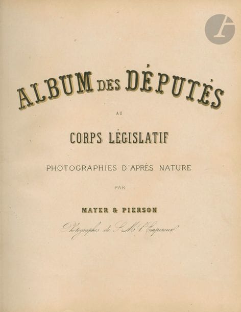 MAYER & PIERSON
Album des députés au corps législatif, 1857-1862.
Comte de Morny. Comte Murat. Comte Boissy d’Anglas. Marquis de Caulaincourt. Édouard Dalloz…
Album in-4, reliure en plein chagrin, composé de 198 épreuves sur papier albuminé au format carte de visite, contrecollées sur cartons. Légendes imprimées sur les montages.
Format moyen des épreuves : 8,5 x 5 cm