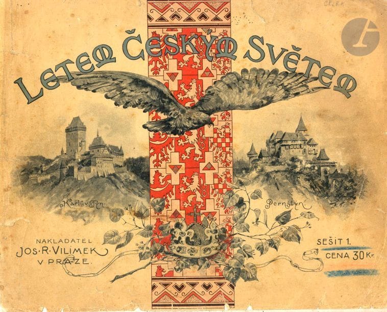VILIMEK, JOS RICHARD (1835-1911)
Letem ceskym svetem pui tisice fotograf pochiedu z Cech, Moravy, Slerzska a Slovenska.
[Vol au- dessus du monde tchèque, 500 vues de Bohème, Moravie, Silésie et Slovaquie]
Letem ceskym svetem
Jos R. Vilimek, Prague, 1898.
Grand in-4 oblong (27,5 x 34,5 cm). 42 cahiers numérotés de 16 pp. 500 photographies en noir et blanc en grand format. Couvertures souples illustrées (parfois fendues au milieu).
Réf. Parr & Badger II, p. 227.