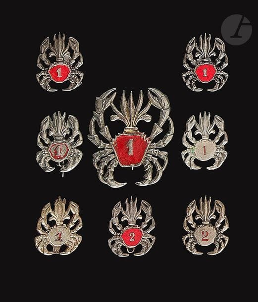 8 insignes 1er GA - Béret (locale), 3x fond rouge (argent, [EE], locale, DP), 2x fond argenté (locale AA) et 2x 2e Groupement Amphibie fond rouge et fond argenté (DP).