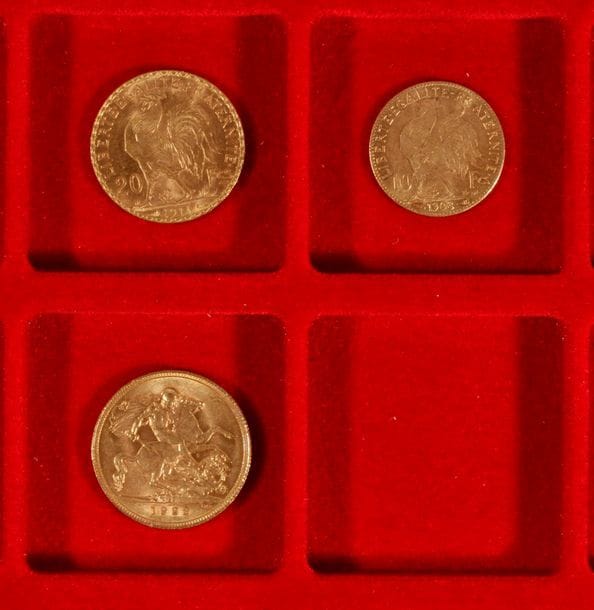 Lot de 3 pièces européennes, en or :
- 1 Souverain. Type Georges V. 1929
- 1 pièce de 20 Francs en or. Type Coq. 1914
- 1 pièce de 10 Francs en or. Type Coq. 1908

Frais acheteur = 8% HT