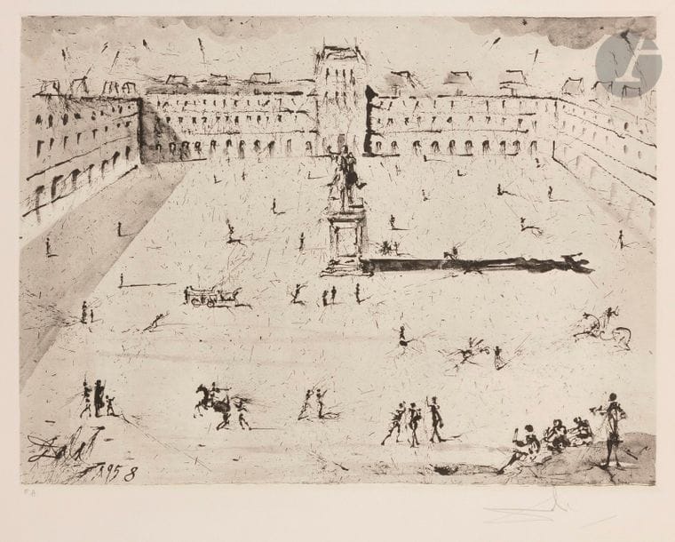Salvador DALÍ (1904-1989)
La Grande place des Vosges du temps de Louis XIII, 1958
Héliogravure par Bracons.
Épreuve sur vélin, justifiée « E.A. » et signée au crayon. Tirage définitif à 150 épreuves.
56,5 x 76 cm

Bibliographie : 
Michler et Löpsinger 63.