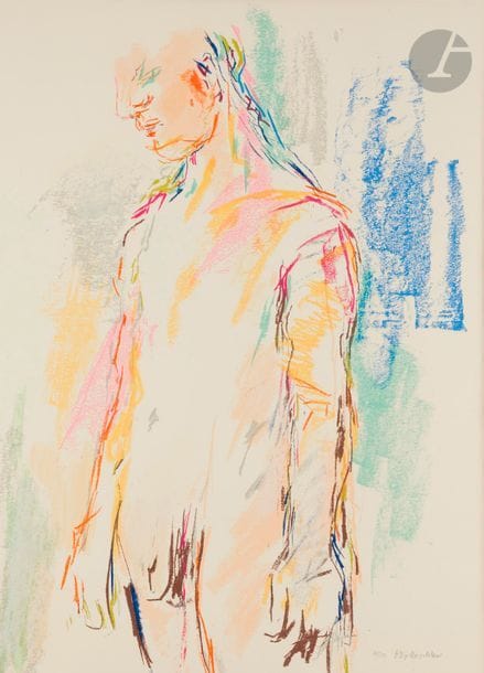 Oskar KOKOSCHKA (1886-1980)
Personnage en pied (affiche pour les Jeux Olympiques de Munich), 1972
Lithographie en couleurs.
Épreuve sur vélin, du tirage avant la lettre, numérotée et signée au crayon. Tirage à 200 épreuves. 
Cadre.
À vue : 85,5 x 63 cm