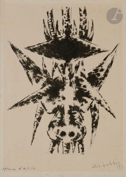 Wifredo LAM [cubain] (1902-1982)
Sans titre, 1947
Zincographie.
Épreuve sur vélin, justifiée « épreuve d’artiste », signée et datée à l’encre. Très rare.
Trace claire d’oxydation.
Cadre.
39,5 x 29 cm

Bibliographie : 
Lam 4.
