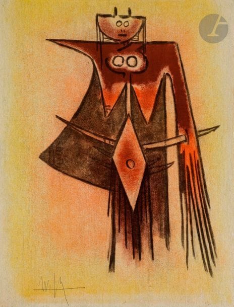 Wifredo LAM [cubain] (1902-1982)
Demoiselle blasonnée (pl. X pour J. Pierre, « Pleni Luna »), 1974
Lithographie en couleurs.
Épreuve sur japon nacrée, signée au crayon. A. H. Grafik, Stockholm, éd.
Plusieurs courts plis cassés aux bords du feuillet.
65 x 49,5 cm 

Joint :
Les Loas Petro enfantent la danse (pl. V pour D. Agostini, « Le Regard vertical »), 1973
Lithographie en couleurs.
Épreuve sur vélin, numérotée et signée au crayon. Tirage à 99 épreuves.
Déchirure de 4 cm au bord gauche ; reste d’adhésif et petit accident en pied du feuillet.
65 x 50 cm