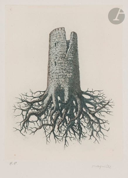 René MAGRITTE [belge] (1898-1967)
La Folie Almayer (pl. III, pour L. Scutenaire, « Le Lien de Paille »), 1968
Eau-forte.
Épreuve sur vélin, justifiée « H.C. » au crayon et revêtue du timbre de la signature.
Quelques petits points de rouille.
28 x 22 cm

Bibliographie : 
Kaplan-Baum 18.