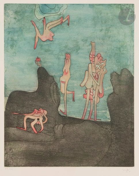 Roberto MATTA [chilien] (1911-2002)
Pl. 9 de l’album « Cosi Fan Tutte », 1970
Eau-forte et aquatinte en couleurs.
Épreuve sur vélin, numérotée et signée au crayon. Tirage à 100 épreuves. G. Visat éd.
66,5 x 50 cm

Bibliographie : 
Sabatier 232.