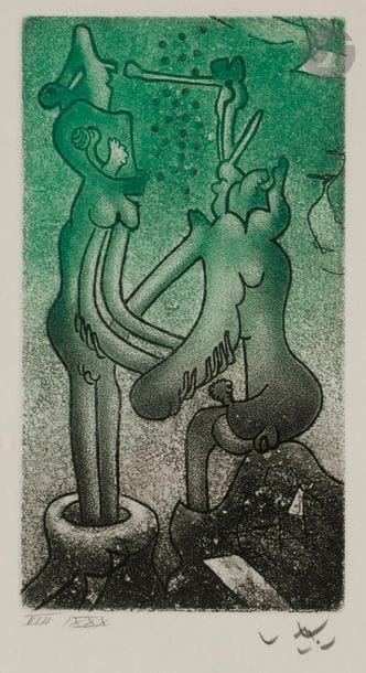 Roberto MATTA [chilien] (1911-2002)
Fous riez, 1972
Eau-forte et aquatinte en couleurs.
Épreuve sur vélin, numérotée en chiffres romains et signée au crayon. Tirage total à 125 épreuves. Ed. Privée, Paris.
Cadre.
22 x 13,8 cm

Bibliographie : 
Visat 289.