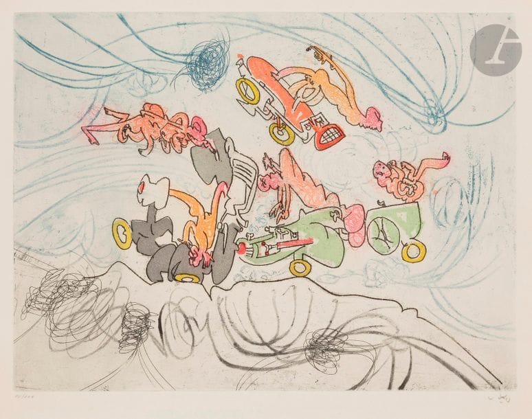 Roberto MATTA [chilien] (1911-2002)
Pl. IX (sur 10) de l’album « Les Oh ! tomobiles », 1972
Eau-forte et aquatinte en couleurs.
Épreuve sur vélin, numérotée et signée au crayon. Tirage à 100 épreuves.
G. Visat éd.
Courte déchirure en pied du feuillet.
50,5 x 66 cm

Bibliographie : 
Ferrari 68.